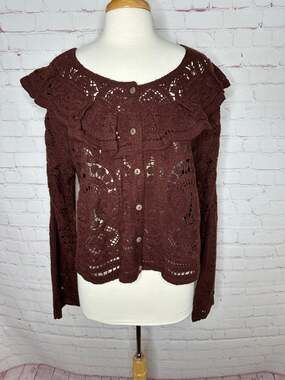 NWOT Ultra Pink Brown Crochet Wide Collar Cardigan Women’s Grannycore